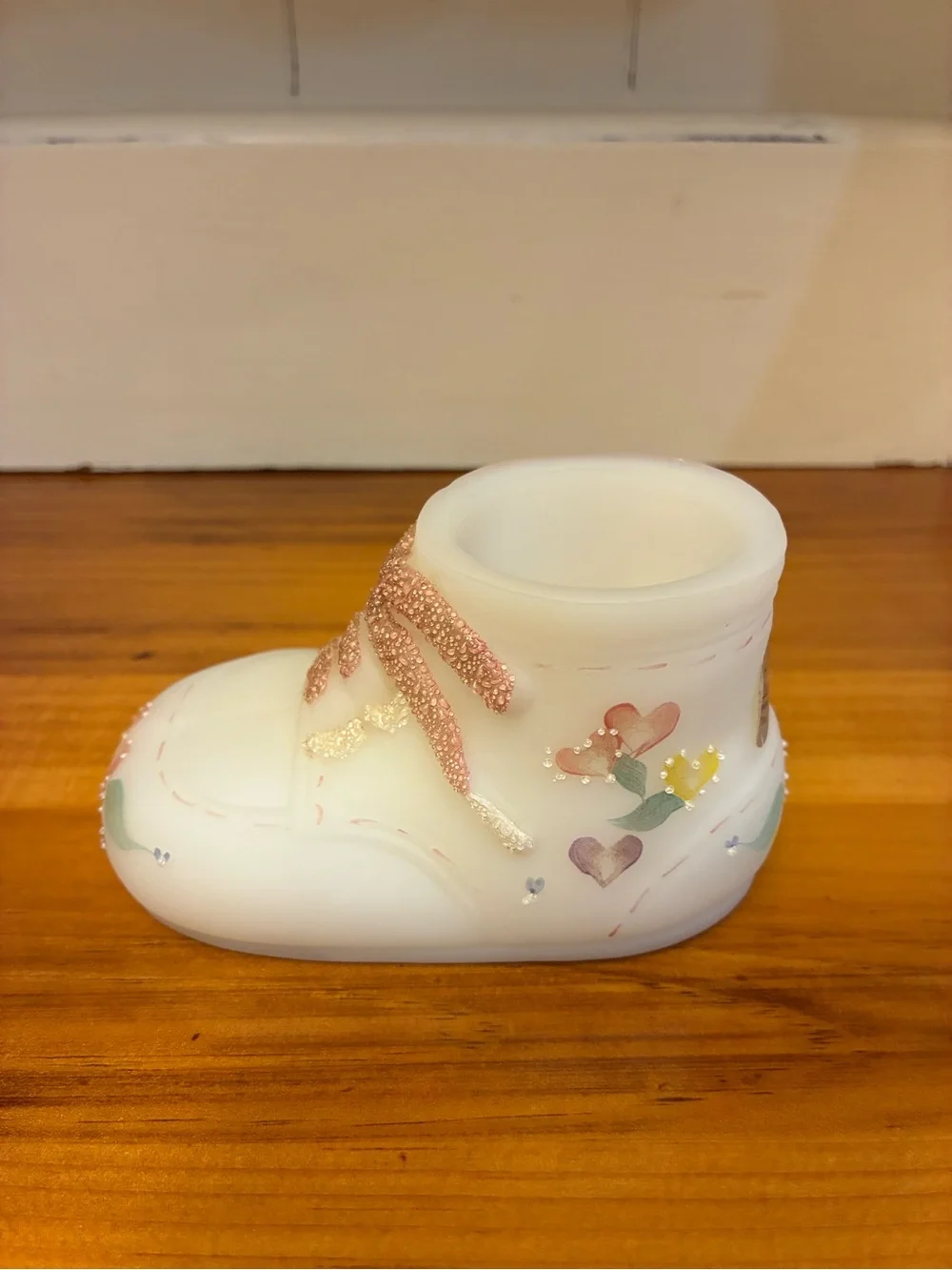 Vintage Fenton Hand-Painted White Satin Glass Baby Bootie Figurine